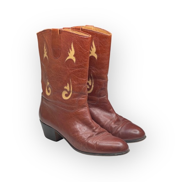 Vintage 70’s: Pierre Cardin  Leather Western Inspired Cut Out Boots  Cognac 9M - Picture 15 of 16